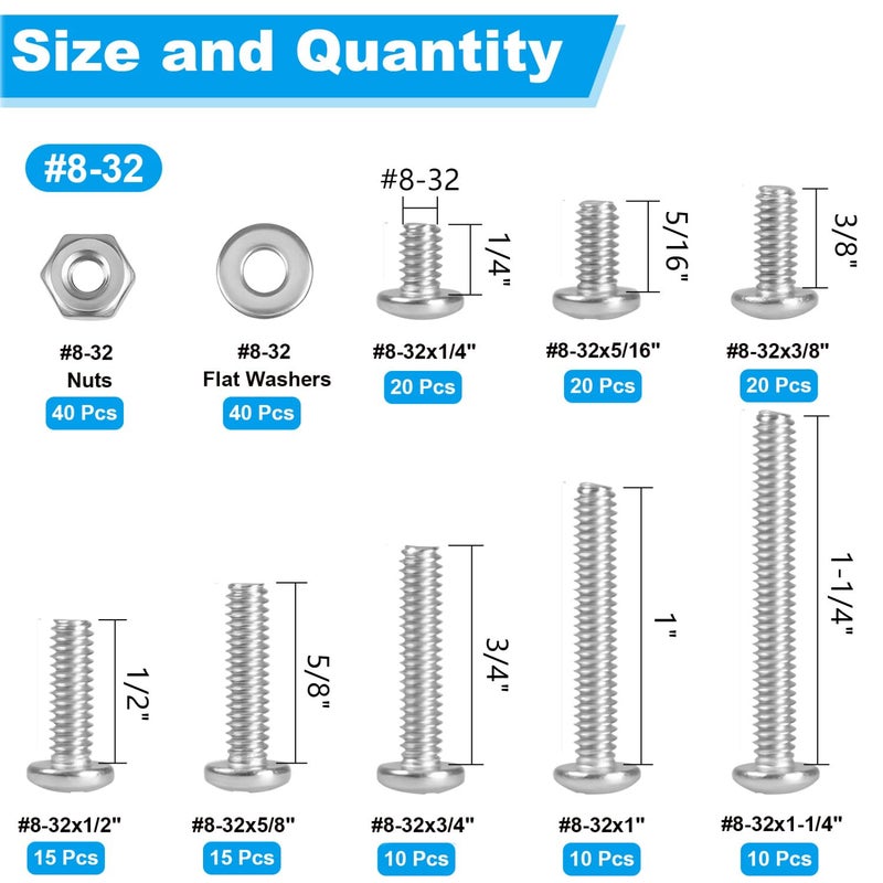 Yinpecly 200pcs #8-32 Phillips Pan Head Machine Screws Nuts Washers Assortment Kit,304 Stainless Steel, Coarse Thread, Fully Machine Thread(#8-32x 1/4", 5/16", 3/8", 1/2", 5/8", 3/4", 1", 1-1/4") - Image 2